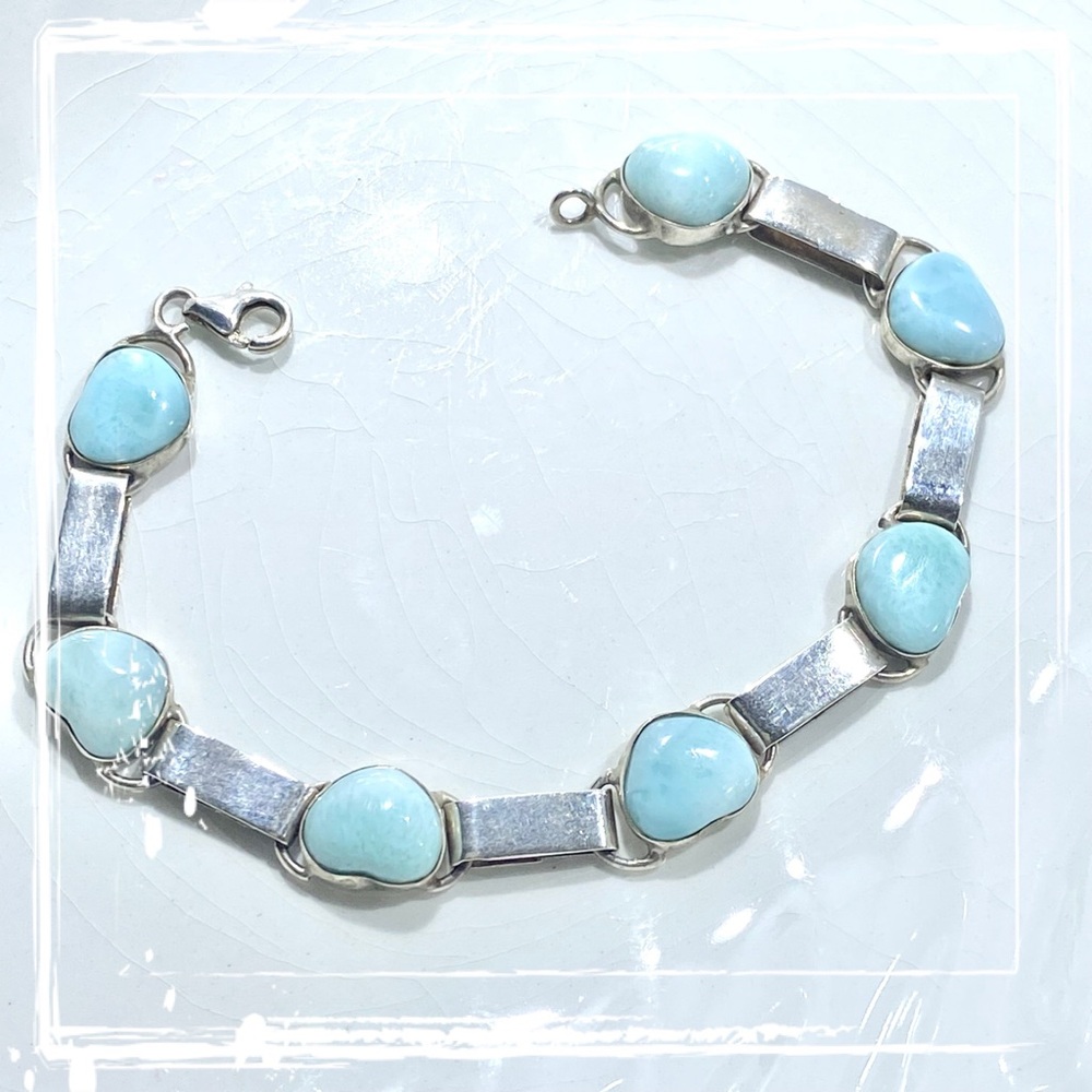 Larimar Bracelet Sterling Silver 7 Heart Stone Bracelet - OLD